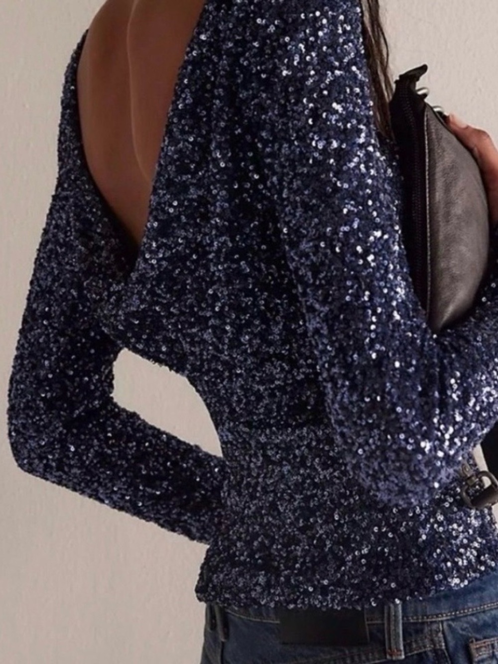 Free People | Women's Navy Blue Leading The Way Sequin Long-Sleeve Top Size XS - Picture 2 of 16
